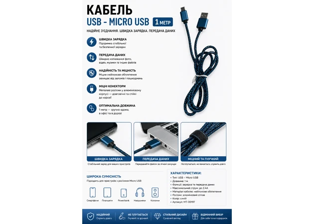 Фото 1 - Кабель USB - Micro USB 1м